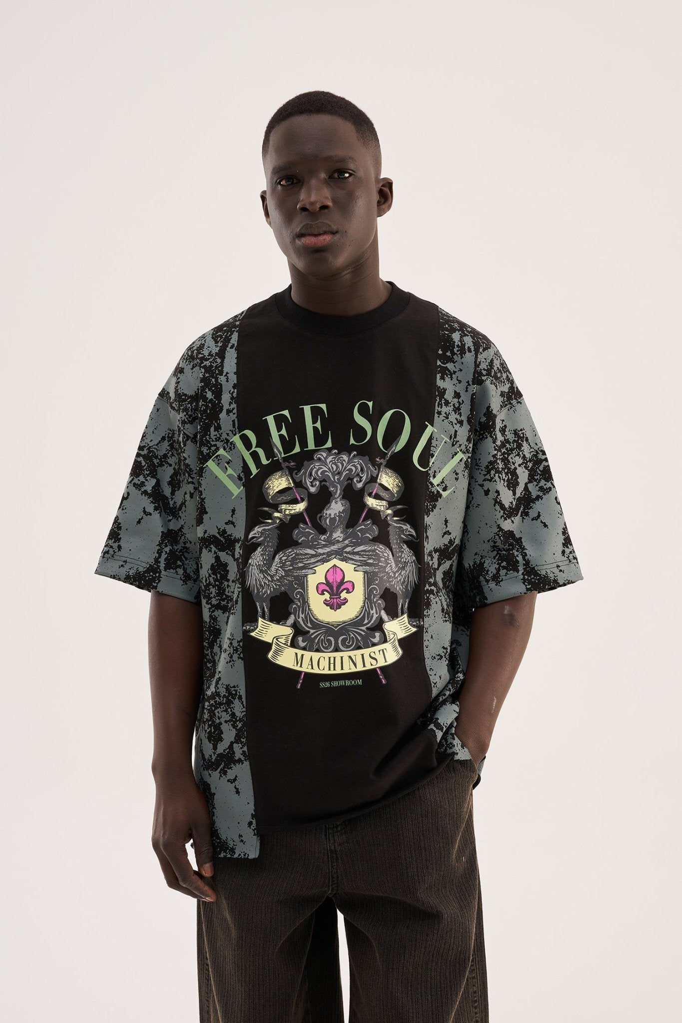 Erkek Free Soul Printed Oversize Tişört Siyah
