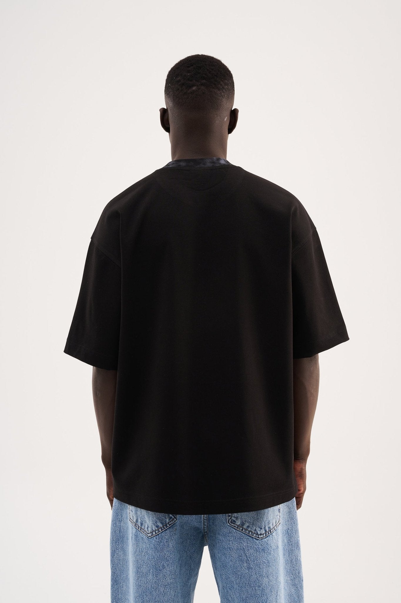 Erkek Collar Printed Oversize Tişört Siyah
